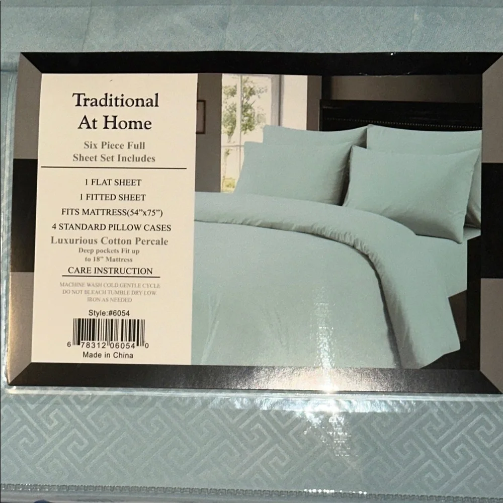 Traditional At Home Full 6pc Sheet Set Baby Blue Embossed Greek Key Print